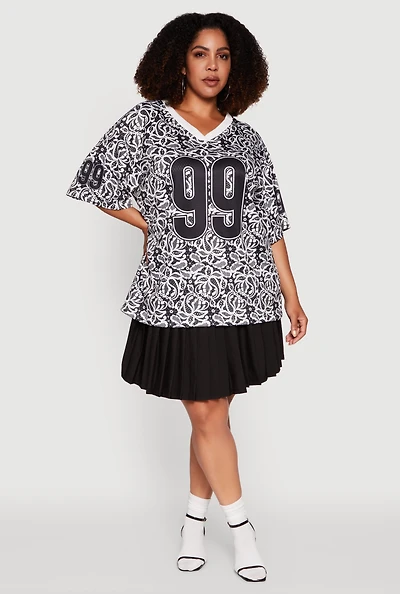 Plus V-Neck Patterned 99 Graphic Print Jersey