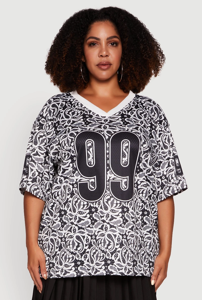 Womens Plus V-Neck Patterned 99 Graphic Print Jersey, Multi,