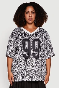 Womens Plus V-Neck Patterned 99 Graphic Print Jersey, Multi,