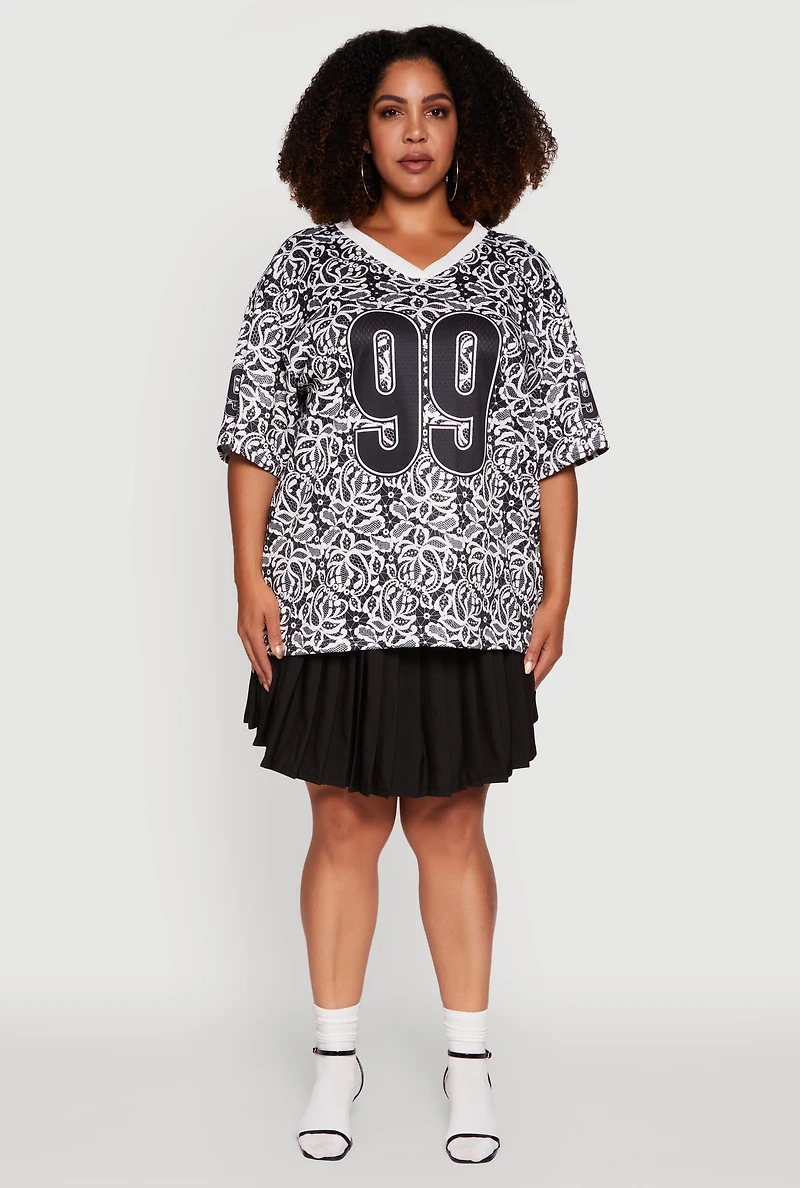 Womens Plus V-Neck Patterned 99 Graphic Print Jersey, Multi,