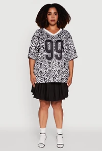 Womens Plus V-Neck Patterned 99 Graphic Print Jersey, Multi,
