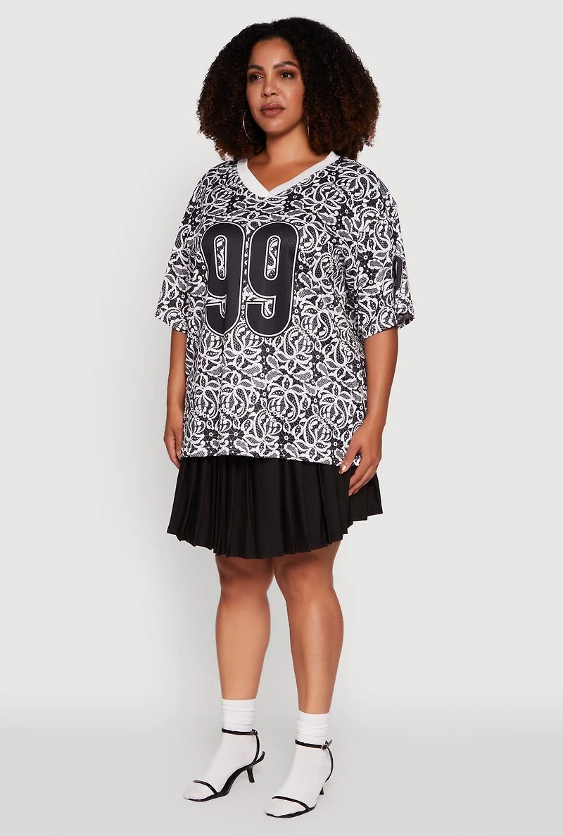 Womens Plus V-Neck Patterned 99 Graphic Print Jersey, Multi,
