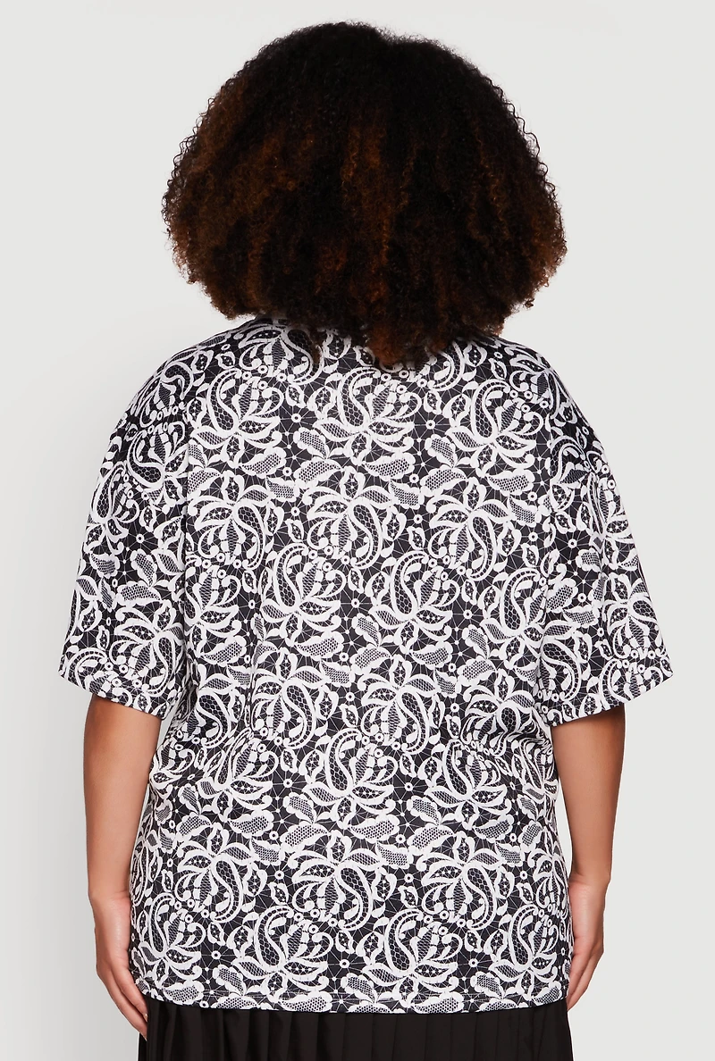 Womens Plus V-Neck Patterned 99 Graphic Print Jersey, Multi,