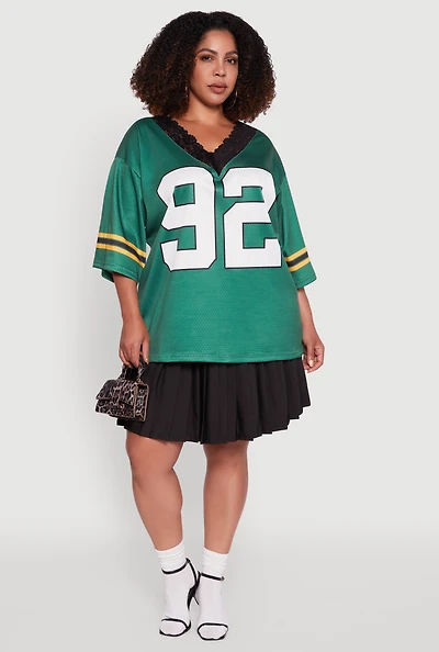 Womens Plus Size Lace Trim 92 Graphic Football Jersey, Green, Size 3X