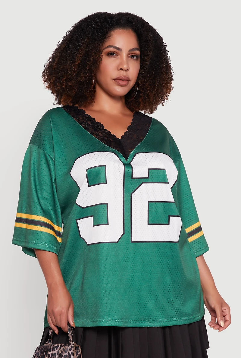 Womens Plus Size Lace Trim 92 Graphic Football Jersey, Green, Size 3X