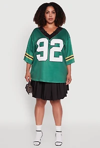 Womens Plus Size Lace Trim 92 Graphic Football Jersey, Green, Size 3X