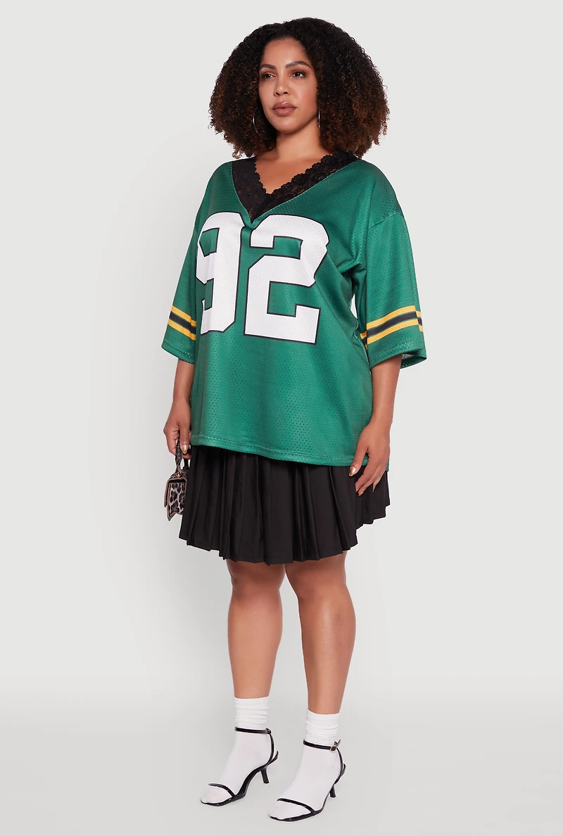 Womens Plus Size Lace Trim 92 Graphic Football Jersey, Green, Size 3X