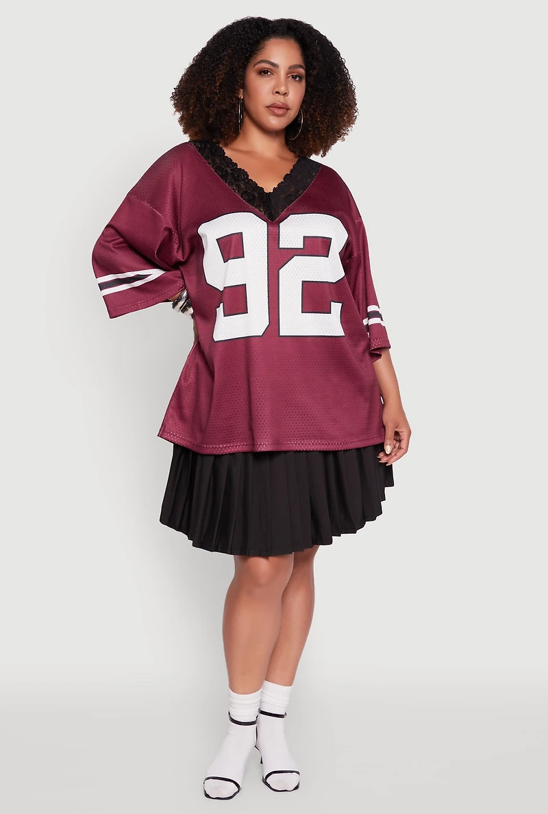 Womens Plus Size Lace Trim 92 Graphic Football Jersey, Burgundy, Size 1X
