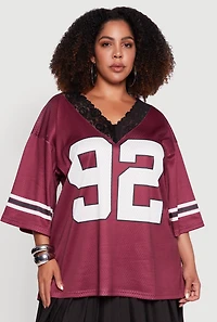 Womens Plus Size Lace Trim 92 Graphic Football Jersey, Burgundy, Size 1X
