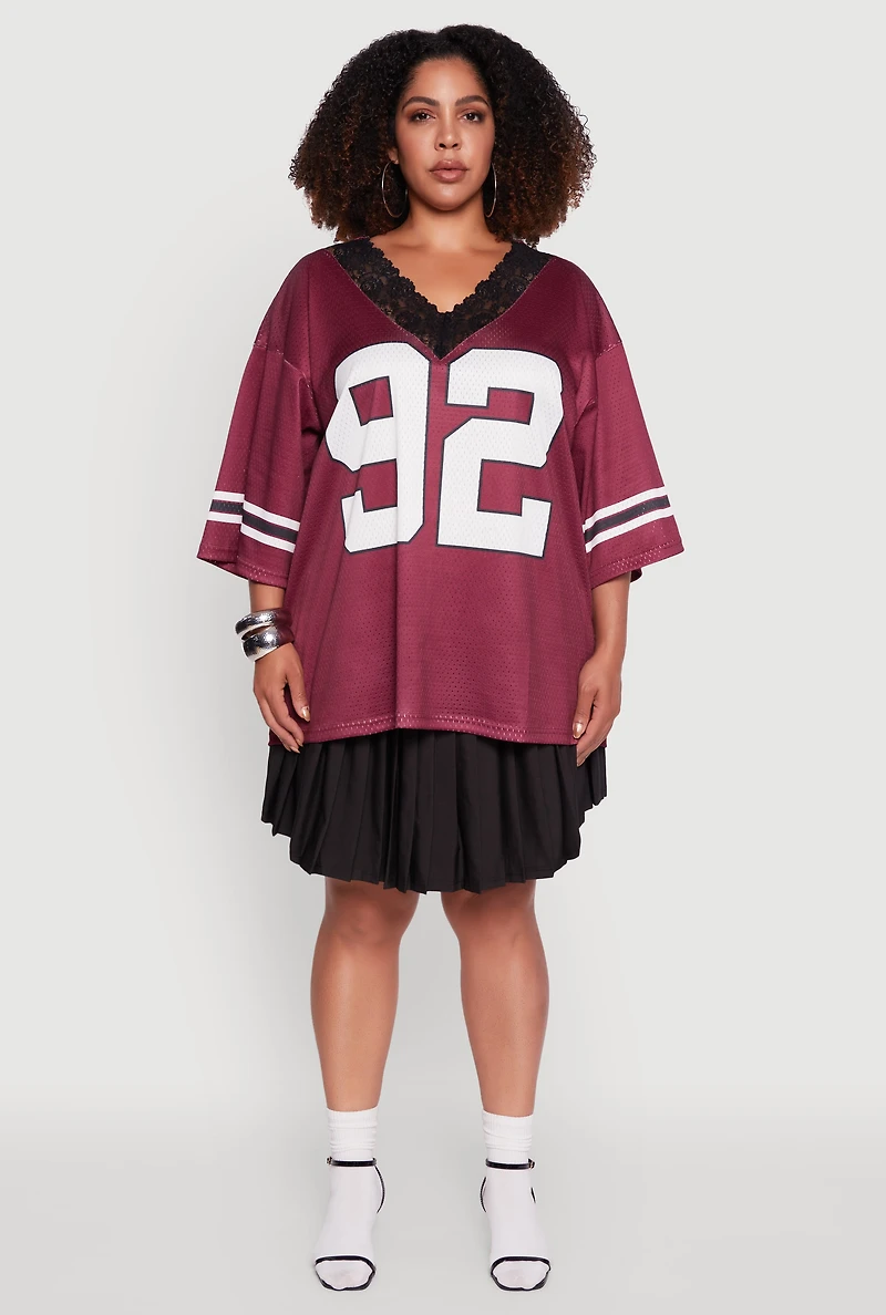 Womens Plus Size Lace Trim 92 Graphic Football Jersey, Burgundy, Size 1X