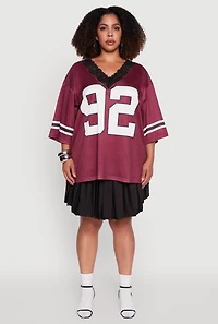 Womens Plus Size Lace Trim 92 Graphic Football Jersey, Burgundy, Size 1X