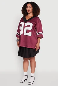 Womens Plus Size Lace Trim 92 Graphic Football Jersey, Burgundy, Size 1X