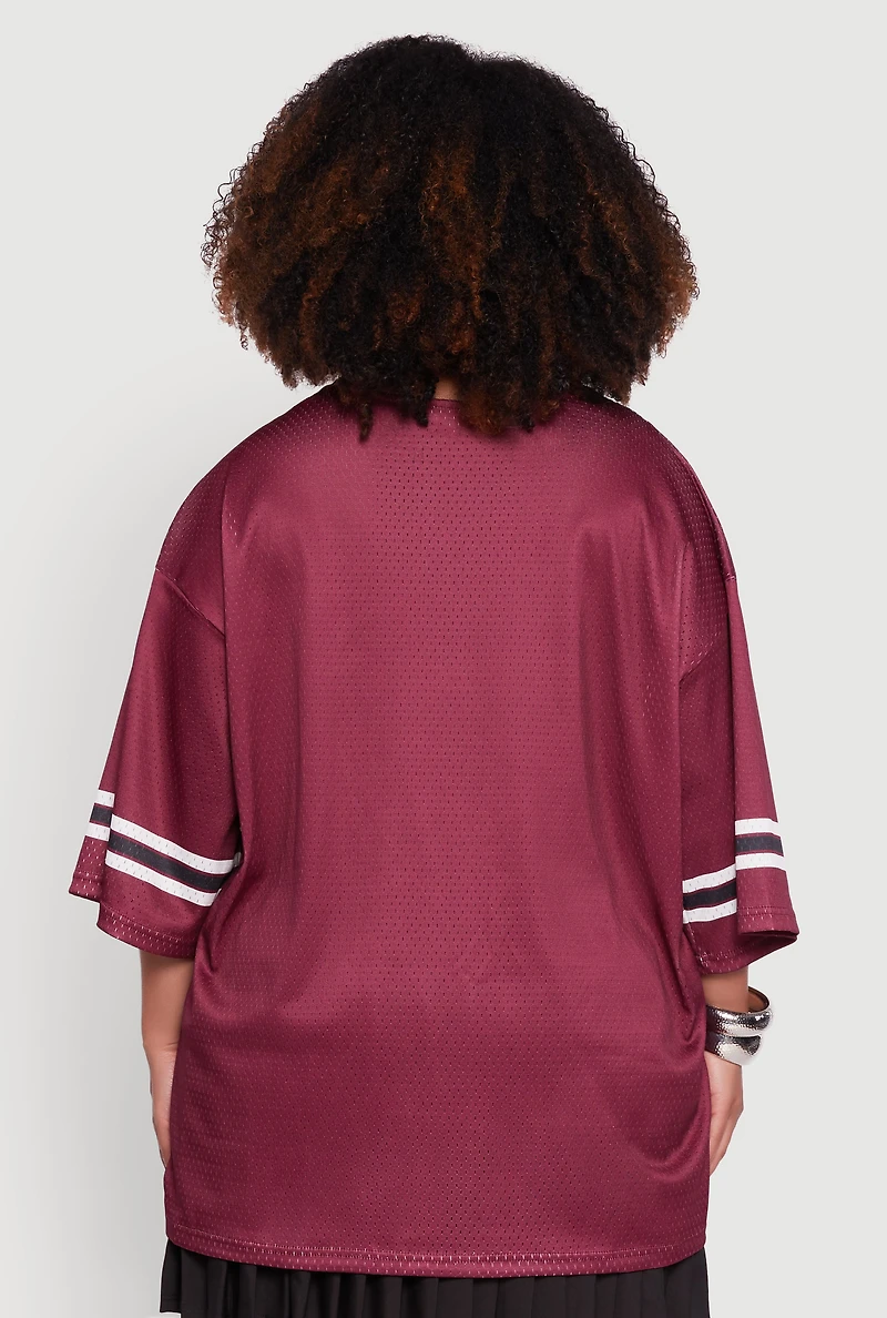 Womens Plus Size Lace Trim 92 Graphic Football Jersey, Burgundy, Size 1X
