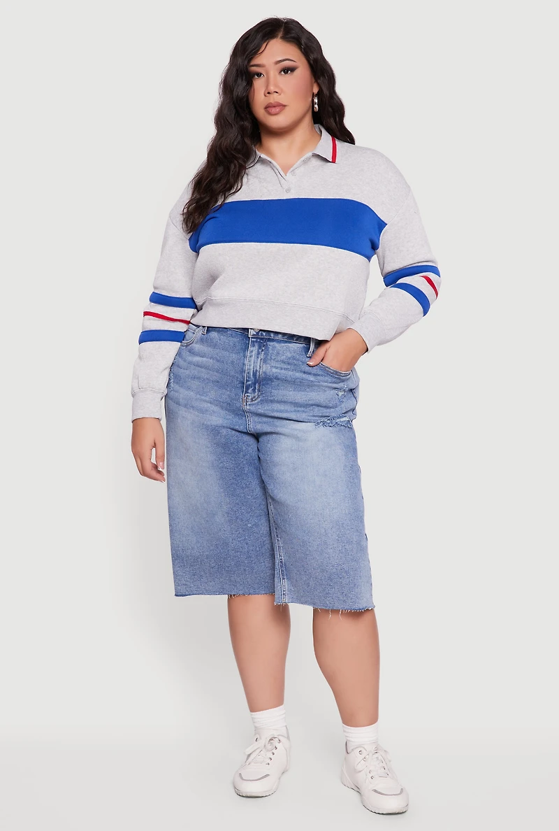 Plus Color Blocked Crop Polo Sweatshirt