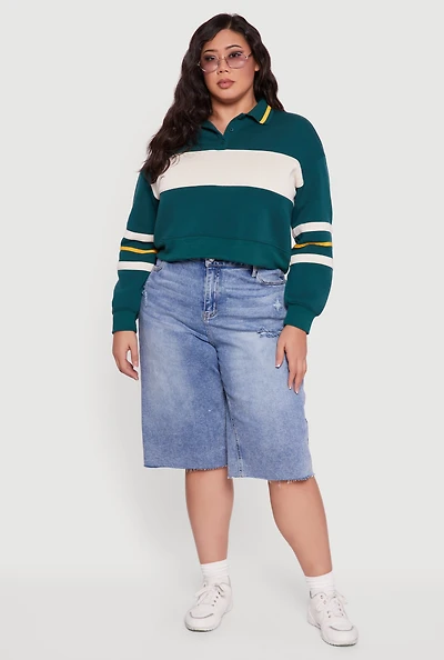 Womens Plus Size Color Blocked Crop Polo Sweatshirt, Green, Size 1X