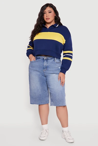 Womens Plus Color Blocked Crop Polo Sweatshirt,