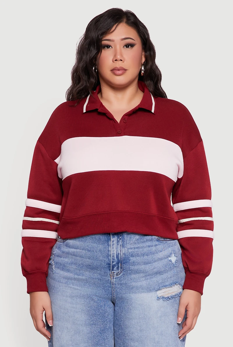 Plus Color Blocked Crop Polo Sweatshirt