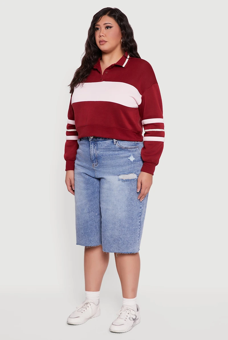Plus Color Blocked Crop Polo Sweatshirt