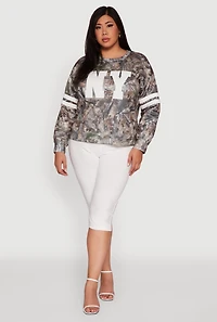 Womens Plus Size Almost Famous Camo Graphic Pullover Sweatshirt, Brown, Size 1X