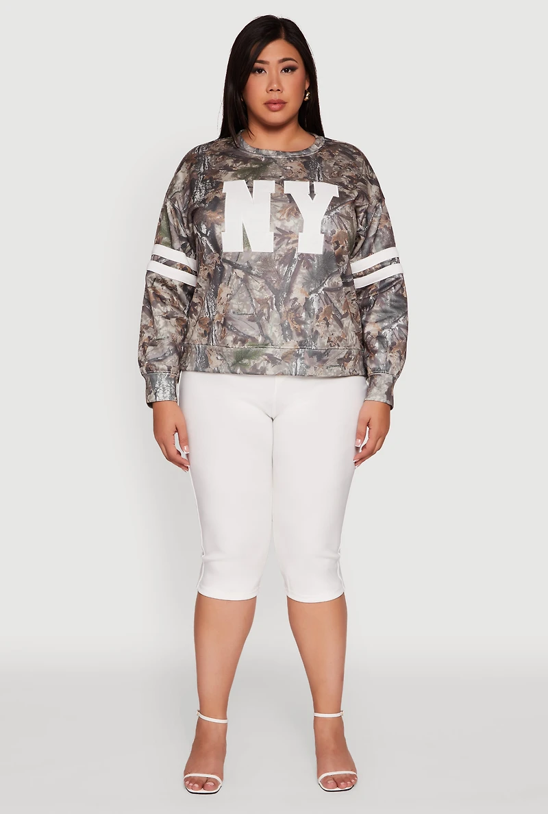 Womens Plus Size Almost Famous Camo Graphic Pullover Sweatshirt, Brown, Size 1X
