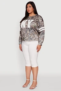 Womens Plus Size Almost Famous Camo Graphic Pullover Sweatshirt, Brown, Size 1X