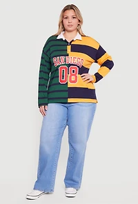 Plus Almost Famous Color Block Striped Graphic Polo Shirt