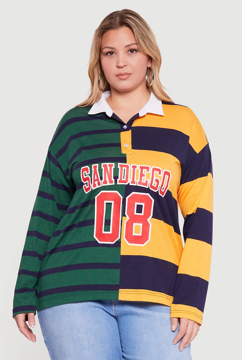 Plus Almost Famous Color Block Striped Graphic Polo Shirt