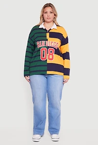 Plus Almost Famous Color Block Striped Graphic Polo Shirt
