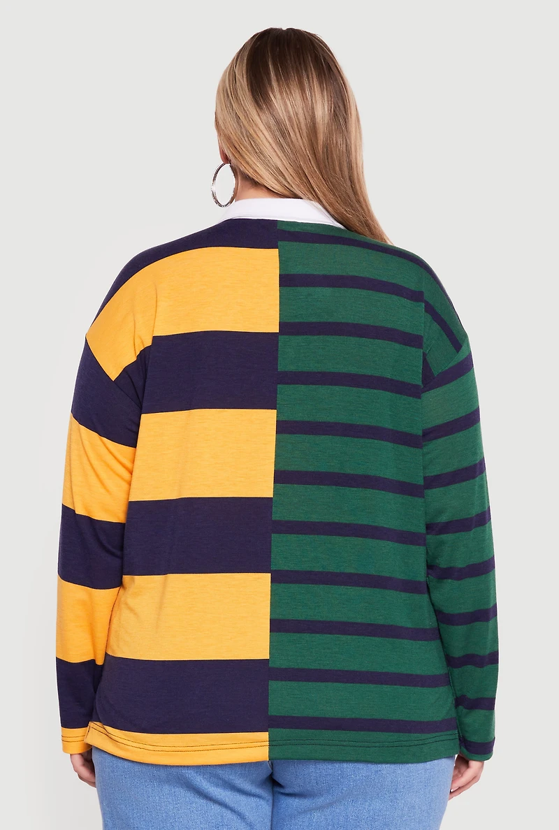 Plus Almost Famous Color Block Striped Graphic Polo Shirt