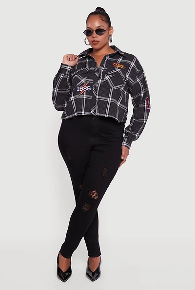Womens Plus Size 1986 Patch Plaid Cropped Button Front Shirt, Black, Size 2X