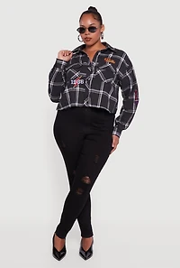 Womens Plus Size 1986 Patch Plaid Cropped Button Front Shirt, Black, Size 2X