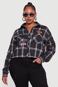Womens Plus Size 1986 Patch Plaid Cropped Button Front Shirt, Black, Size 2X