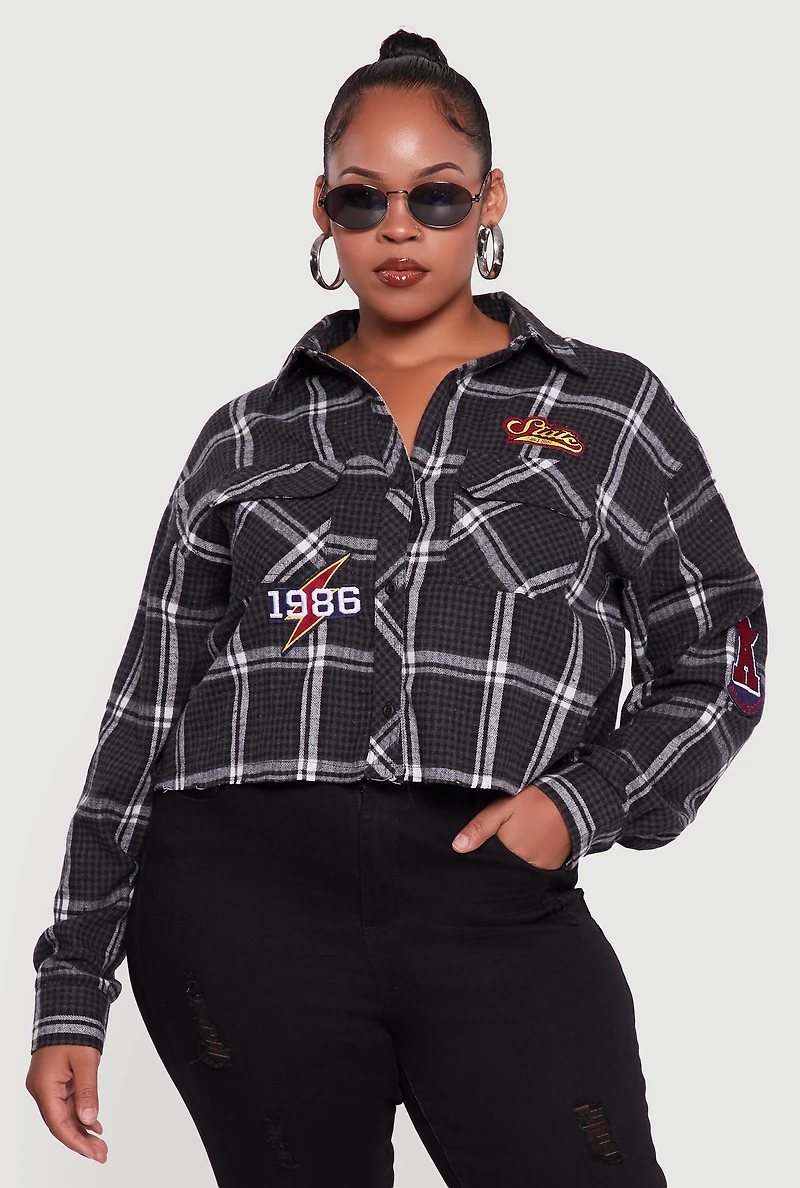 Plus 1986 Patch Plaid Cropped Button Front Shirt