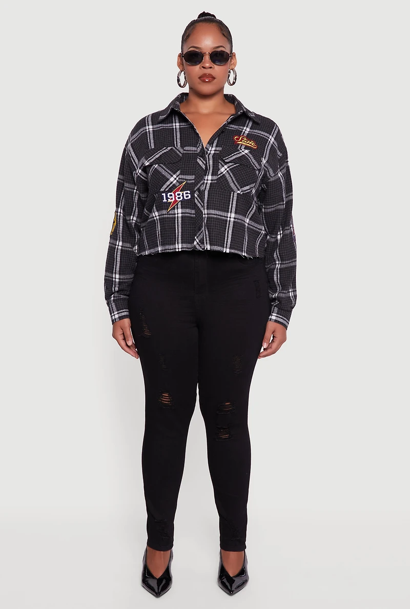 Womens Plus Size 1986 Patch Plaid Cropped Button Front Shirt, Black, Size 2X