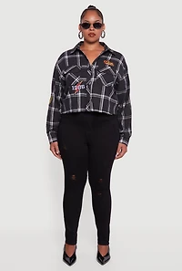 Womens Plus Size 1986 Patch Plaid Cropped Button Front Shirt, Black, Size 2X