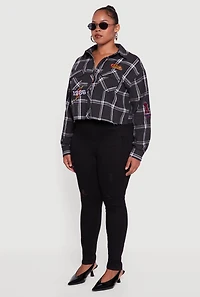 Womens Plus Size 1986 Patch Plaid Cropped Button Front Shirt, Black, Size 2X