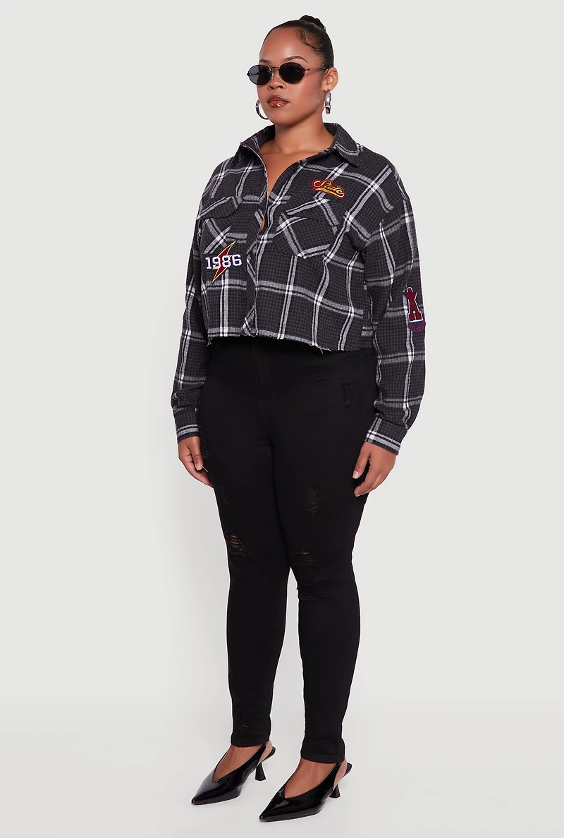 Plus 1986 Patch Plaid Cropped Button Front Shirt