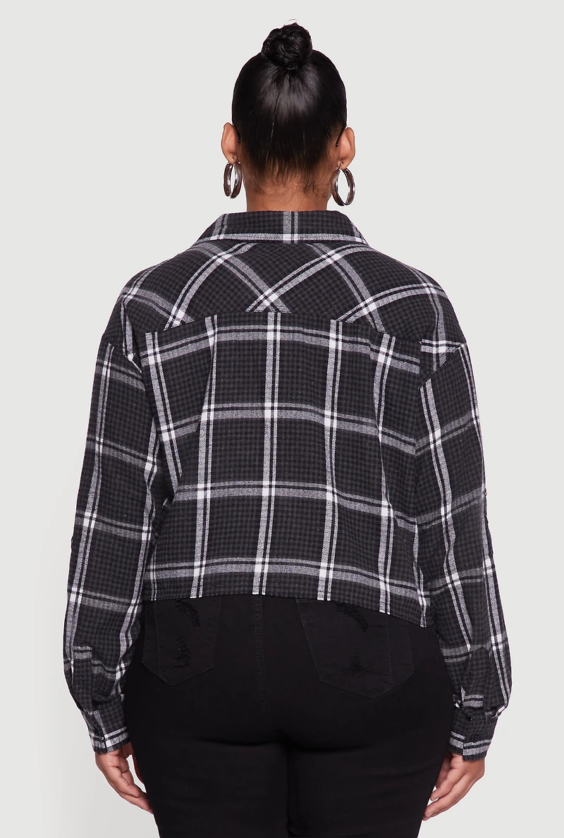 Womens Plus Size 1986 Patch Plaid Cropped Button Front Shirt, Black, Size 2X