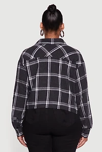 Womens Plus Size 1986 Patch Plaid Cropped Button Front Shirt, Black, Size 2X