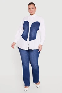 Plus Denim Corset Detail Button Down Long Sleeve Blouse