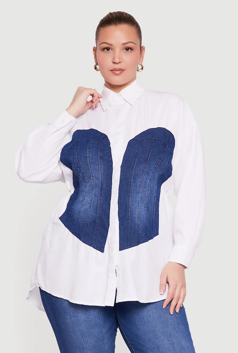 Plus Denim Corset Detail Button Down Long Sleeve Blouse