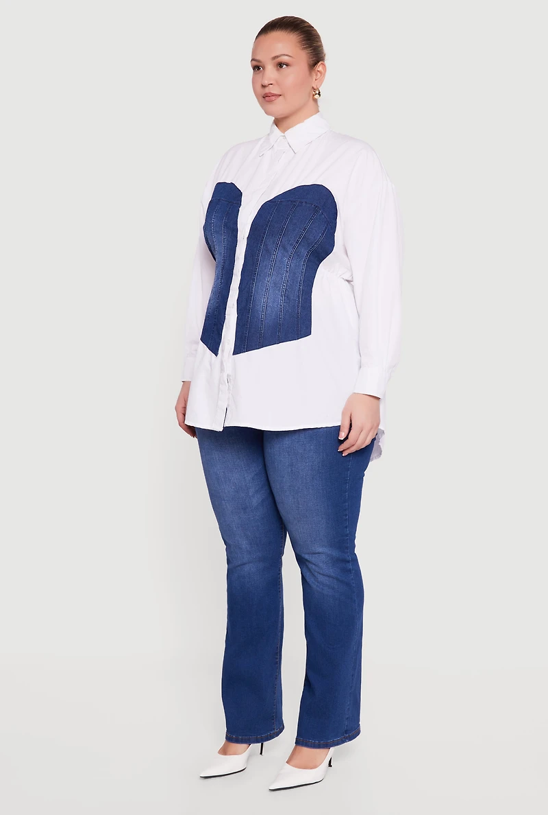 Plus Denim Corset Detail Button Down Long Sleeve Blouse