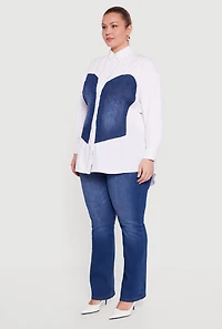 Plus Denim Corset Detail Button Down Long Sleeve Blouse