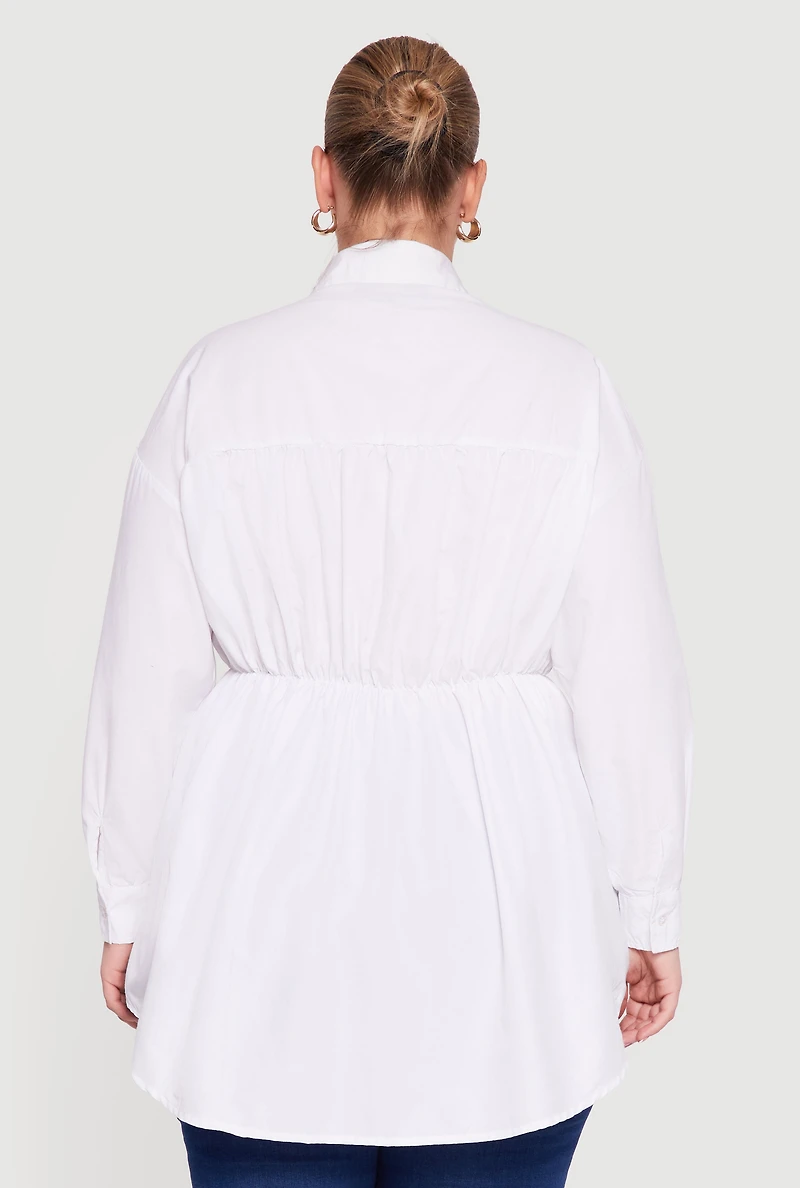 Plus Denim Corset Detail Button Down Long Sleeve Blouse