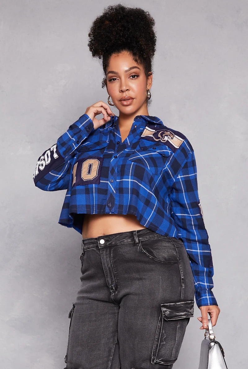 Plus Spoon Jeans Graphic Patch Plaid Cropped Shirt