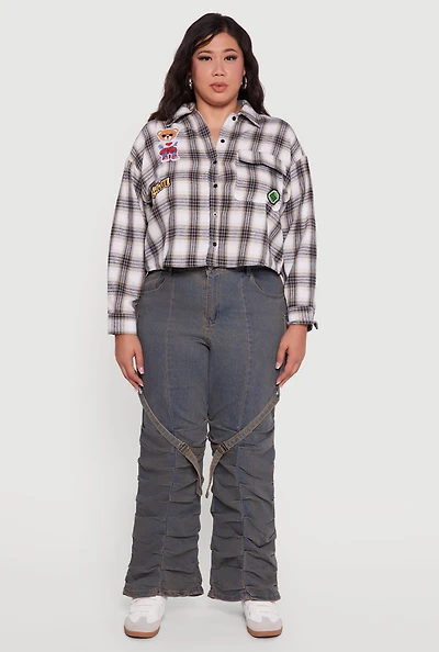 Womens Plus Size Plaid Flannel Patch Detail Cropped Shirt, Multi, Size 2X