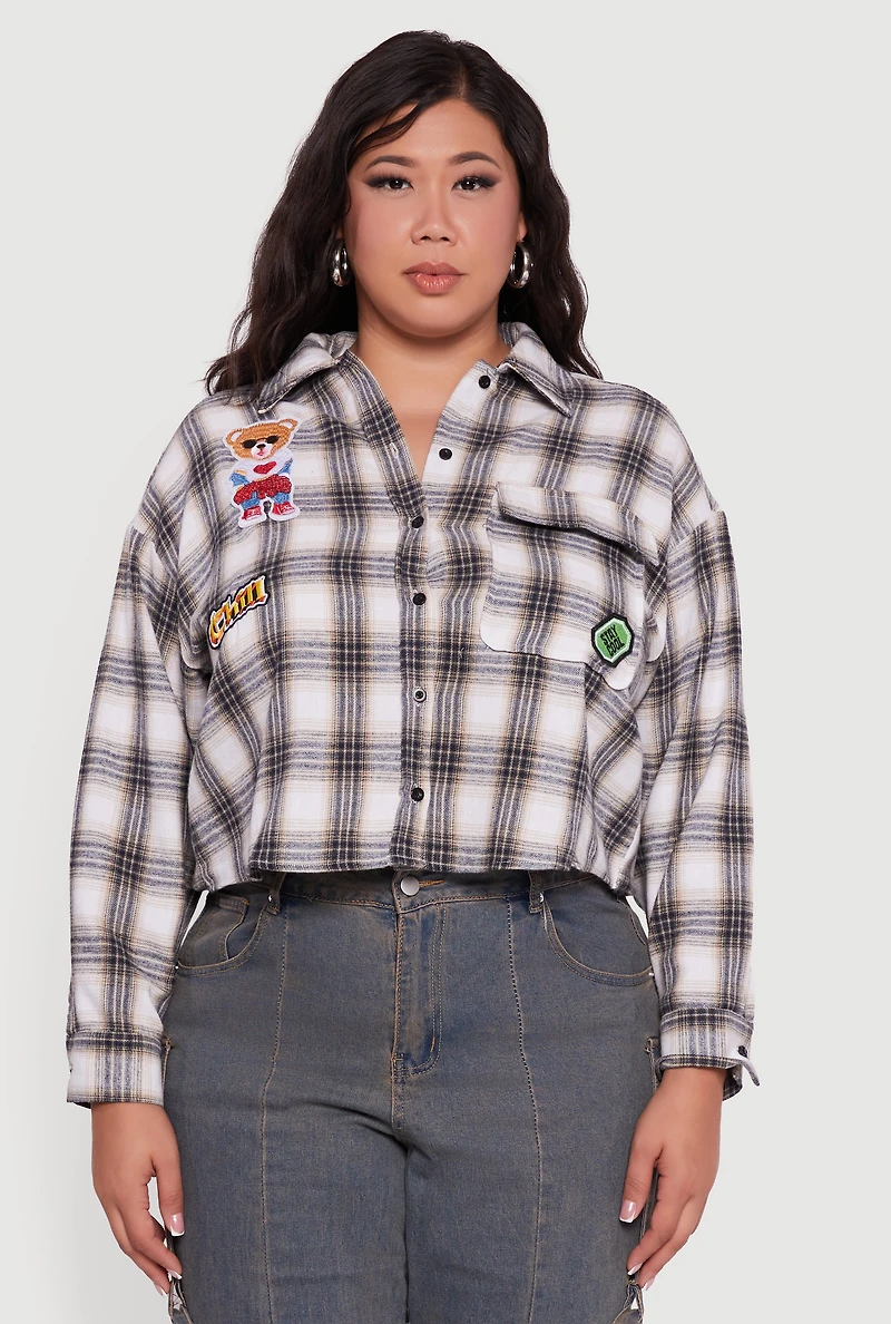 Womens Plus Size Plaid Flannel Patch Detail Cropped Shirt, Multi, Size 2X