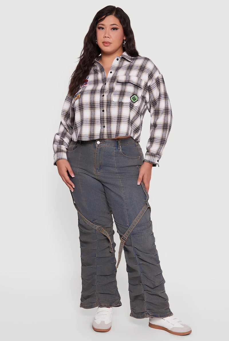 Womens Plus Size Plaid Flannel Patch Detail Cropped Shirt, Multi, Size 2X