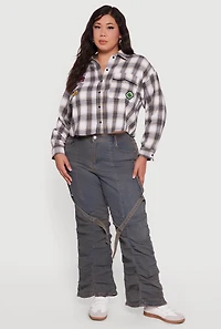 Womens Plus Size Plaid Flannel Patch Detail Cropped Shirt, Multi, Size 2X