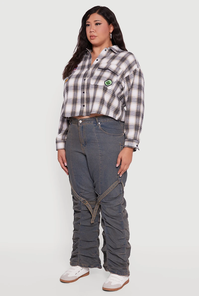 Womens Plus Size Plaid Flannel Patch Detail Cropped Shirt, Multi, Size 2X